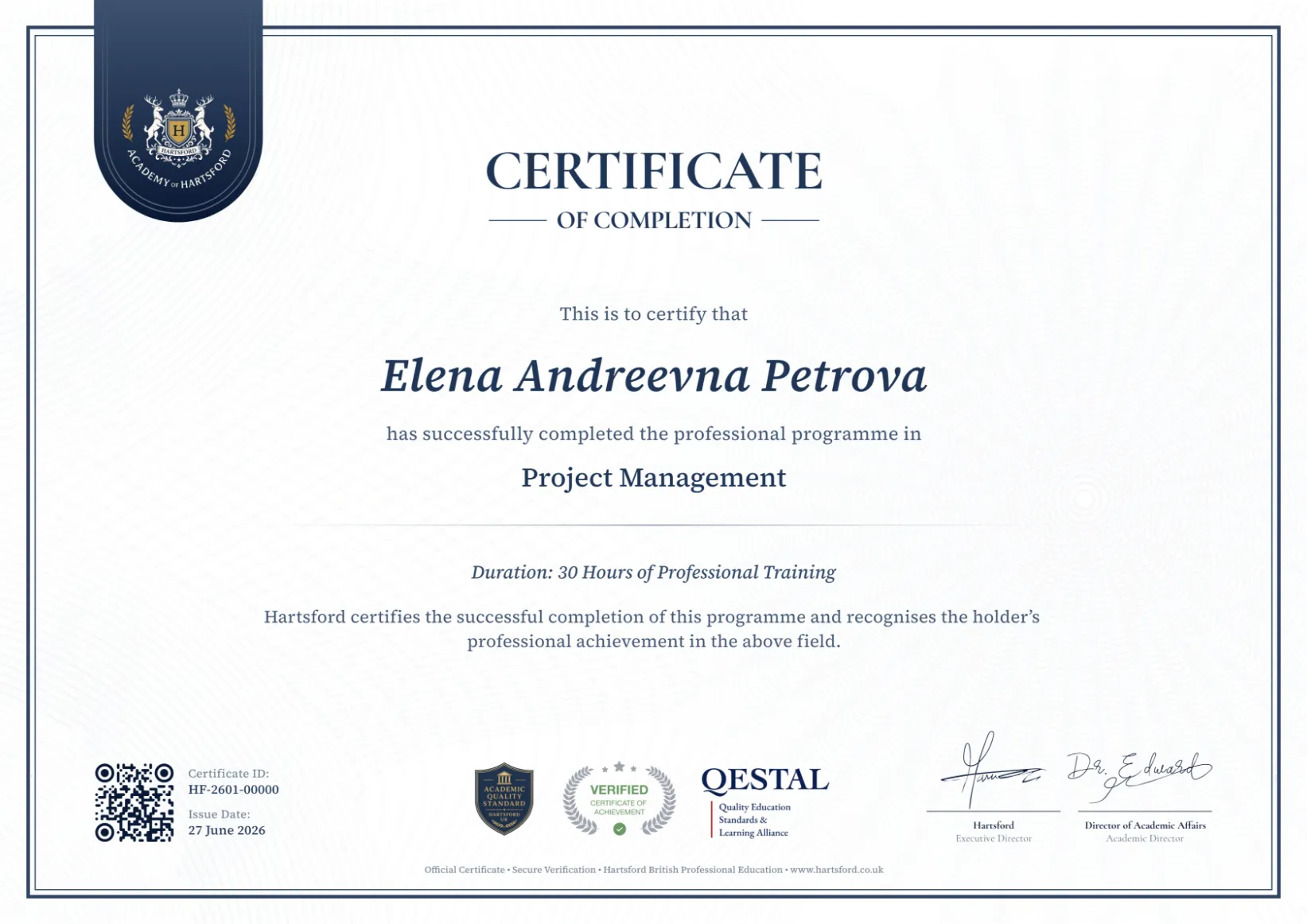 Hartsford Official Certificate